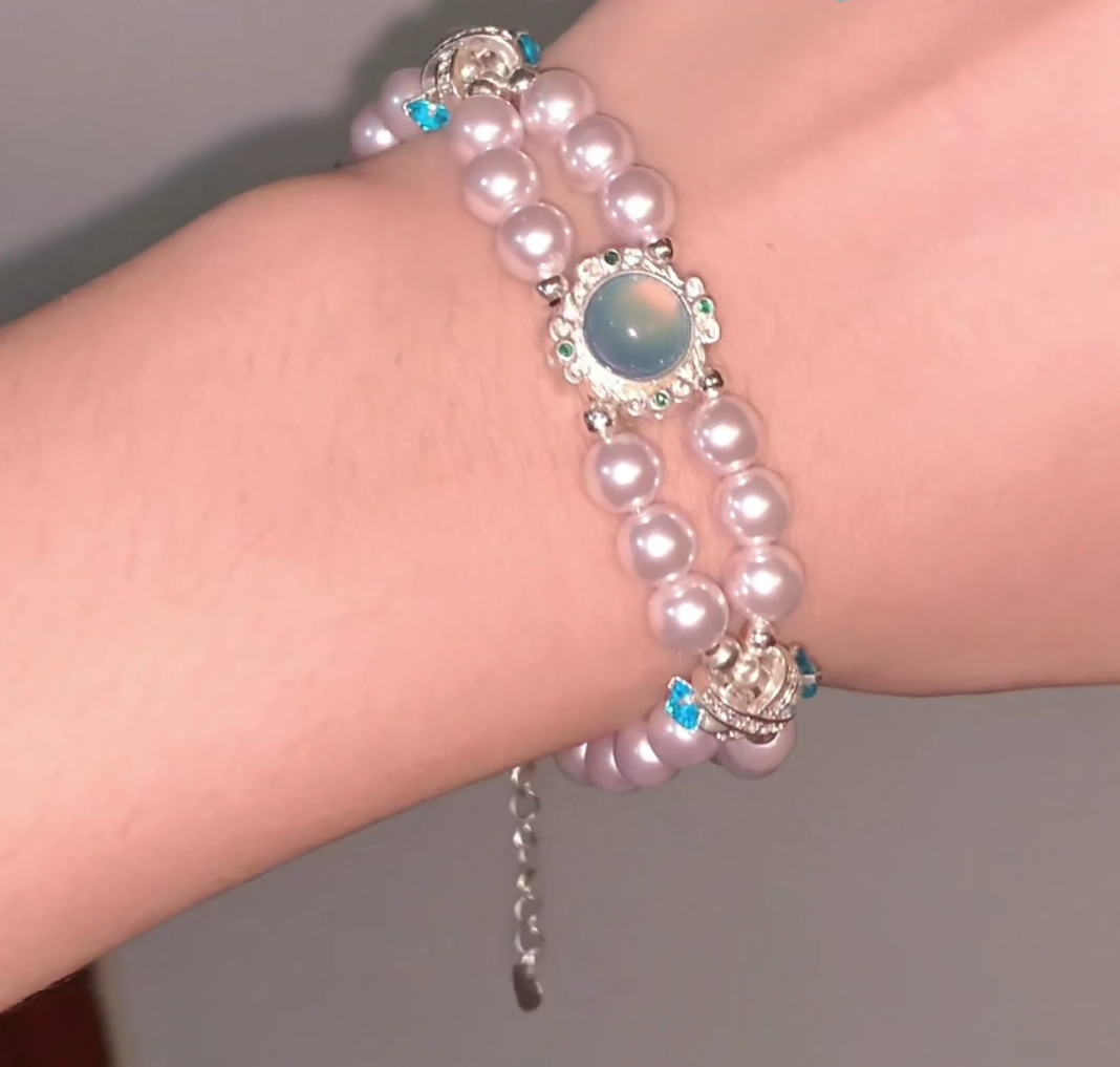 Pulsera de aguamarina y perla hecha a mano