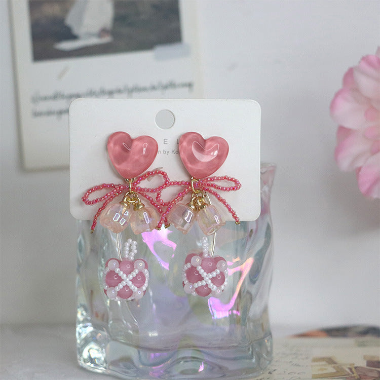 Pink Heart Cat's Eye Pearl Adorable Beaded Earrings Sterling Silver