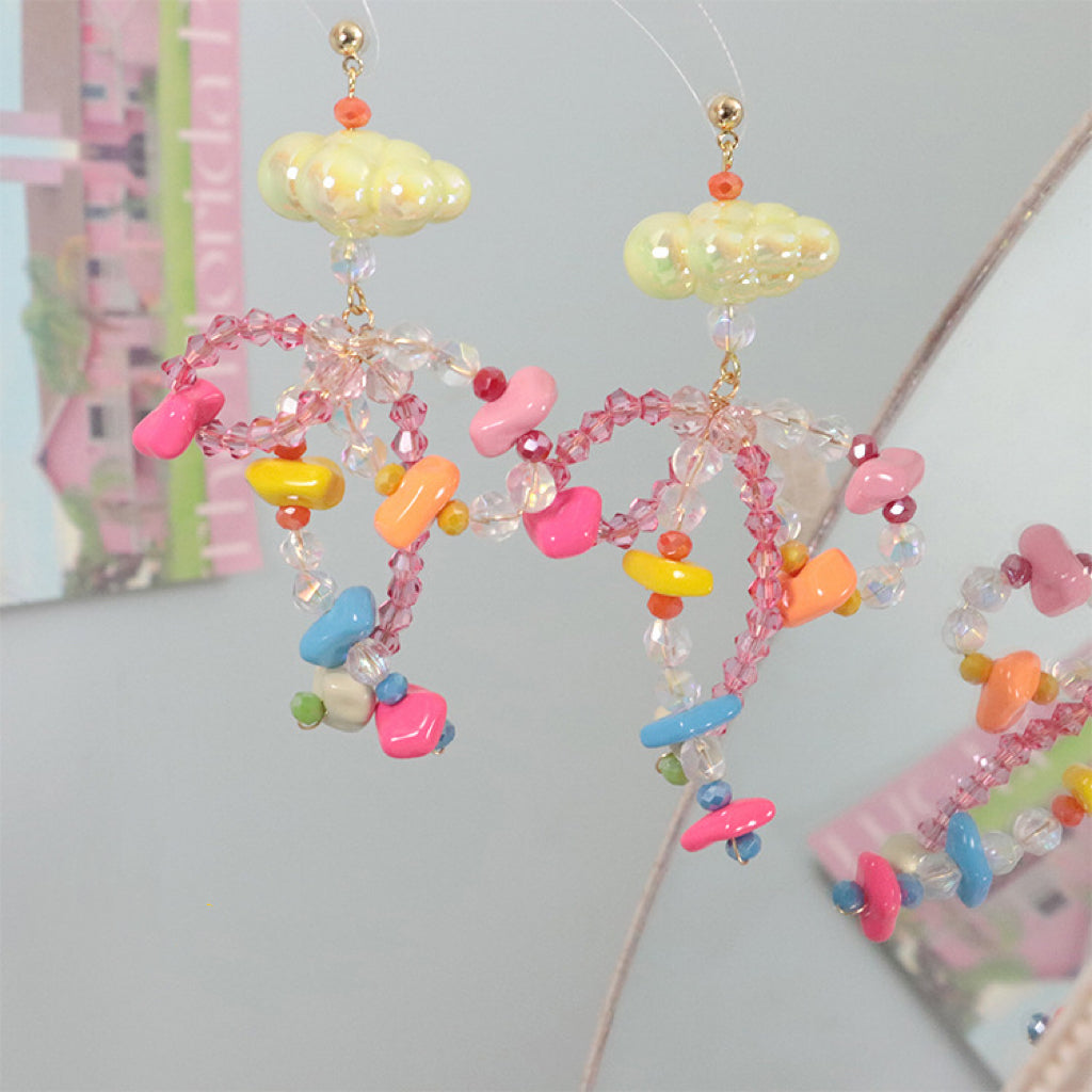 Rainbow Candy Cloud Beaded Earrings Handmade Silver Needle Earring Studs