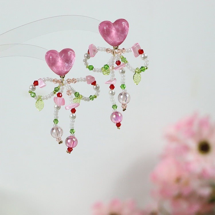 Rosa Herz Perlen Ohrringe Bunte Schmetterling Schleife Sterling Silber