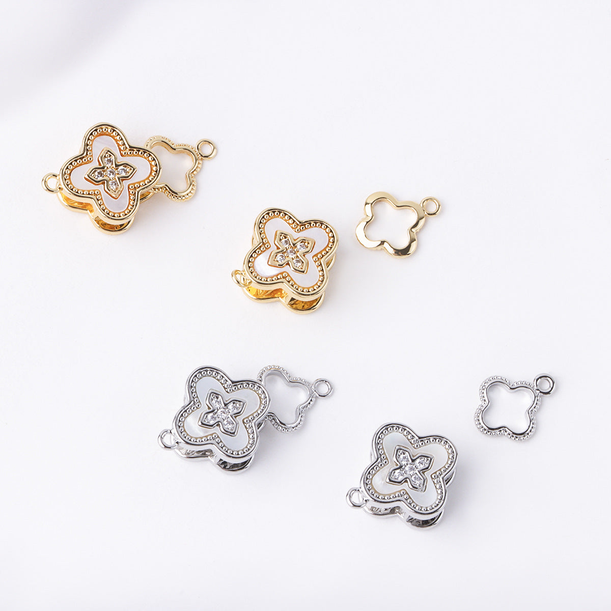 Clover Spring Clasp with White Mother of Pearl – 18K Real Gold Plated for Bracelet/Necklace Making
