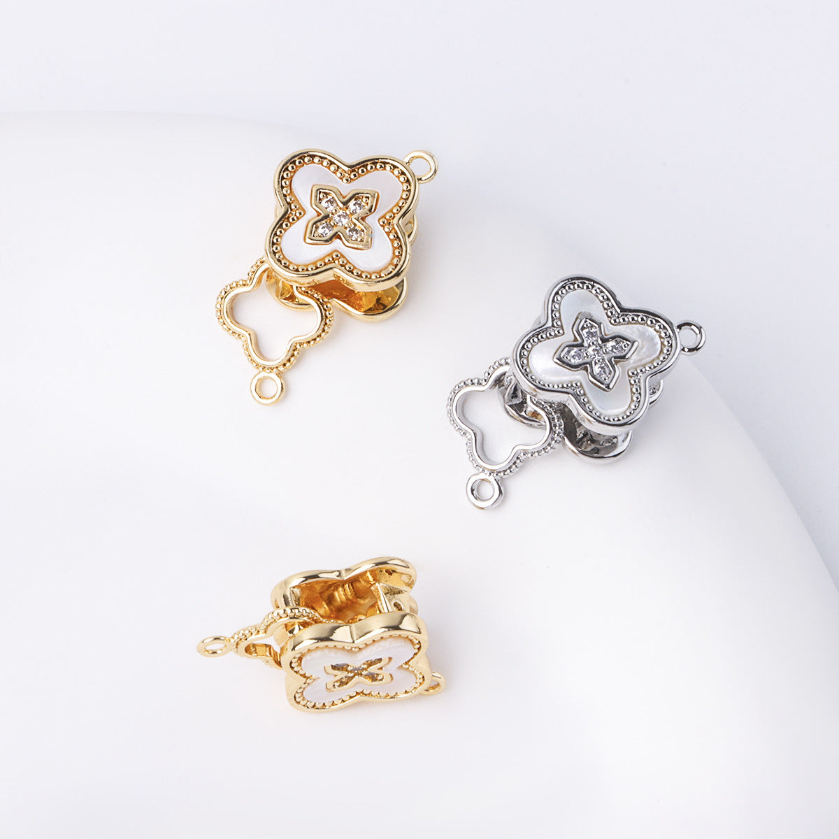 Clover Spring Clasp with White Mother of Pearl – 18K Real Gold Plated for Bracelet/Necklace Making