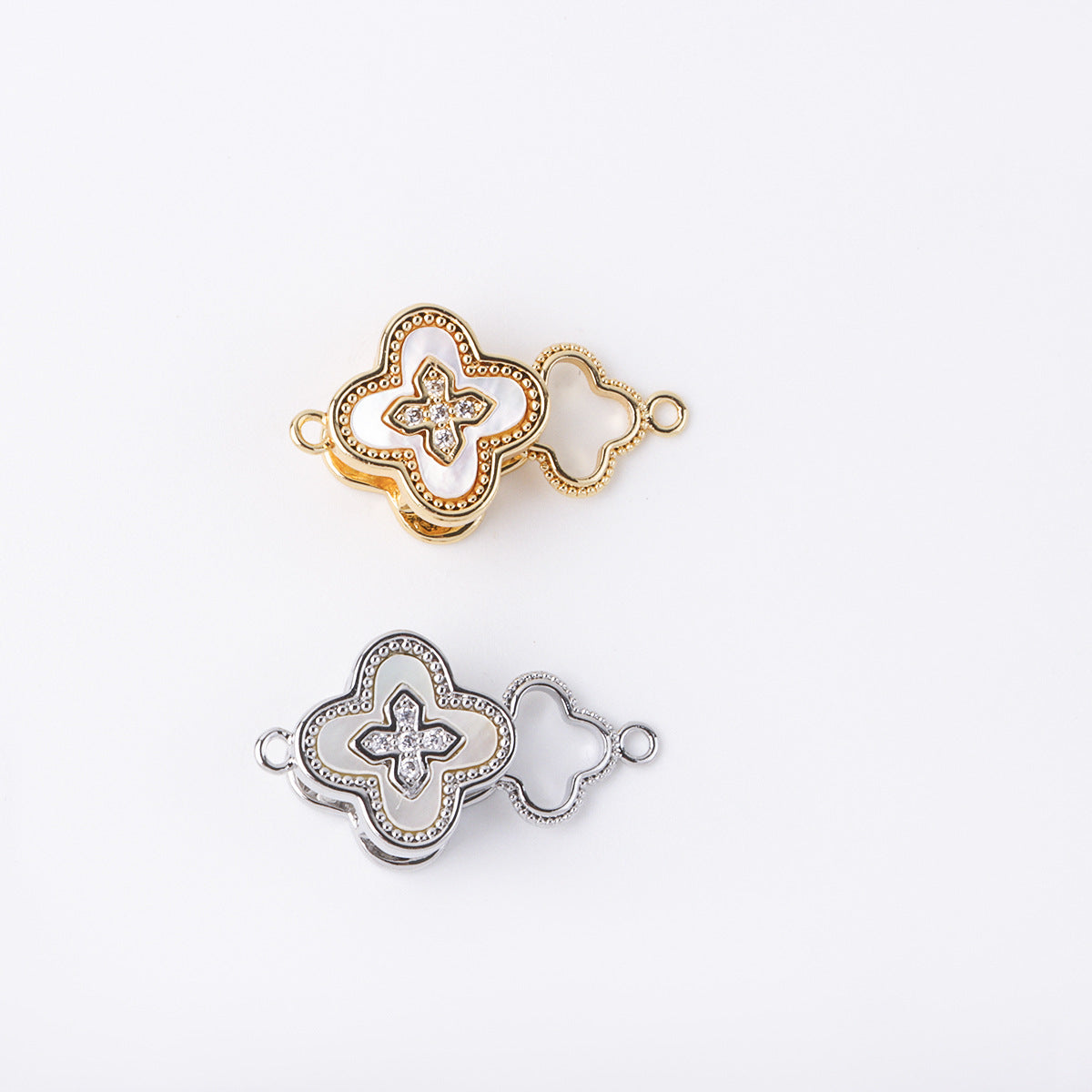 Clover Spring Clasp with White Mother of Pearl – 18K Real Gold Plated for Bracelet/Necklace Making