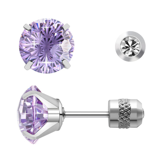 Firework-cut  Zirconia Stud Earrings G23 Titanium  AAAA + Cubic Zircon Suitable for Sensitive Ears Light Purple