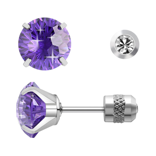 Firework-cut  Zirconia Stud Earrings G23 Titanium  AAAA + Cubic Zircon Suitable for Sensitive Ears Purple