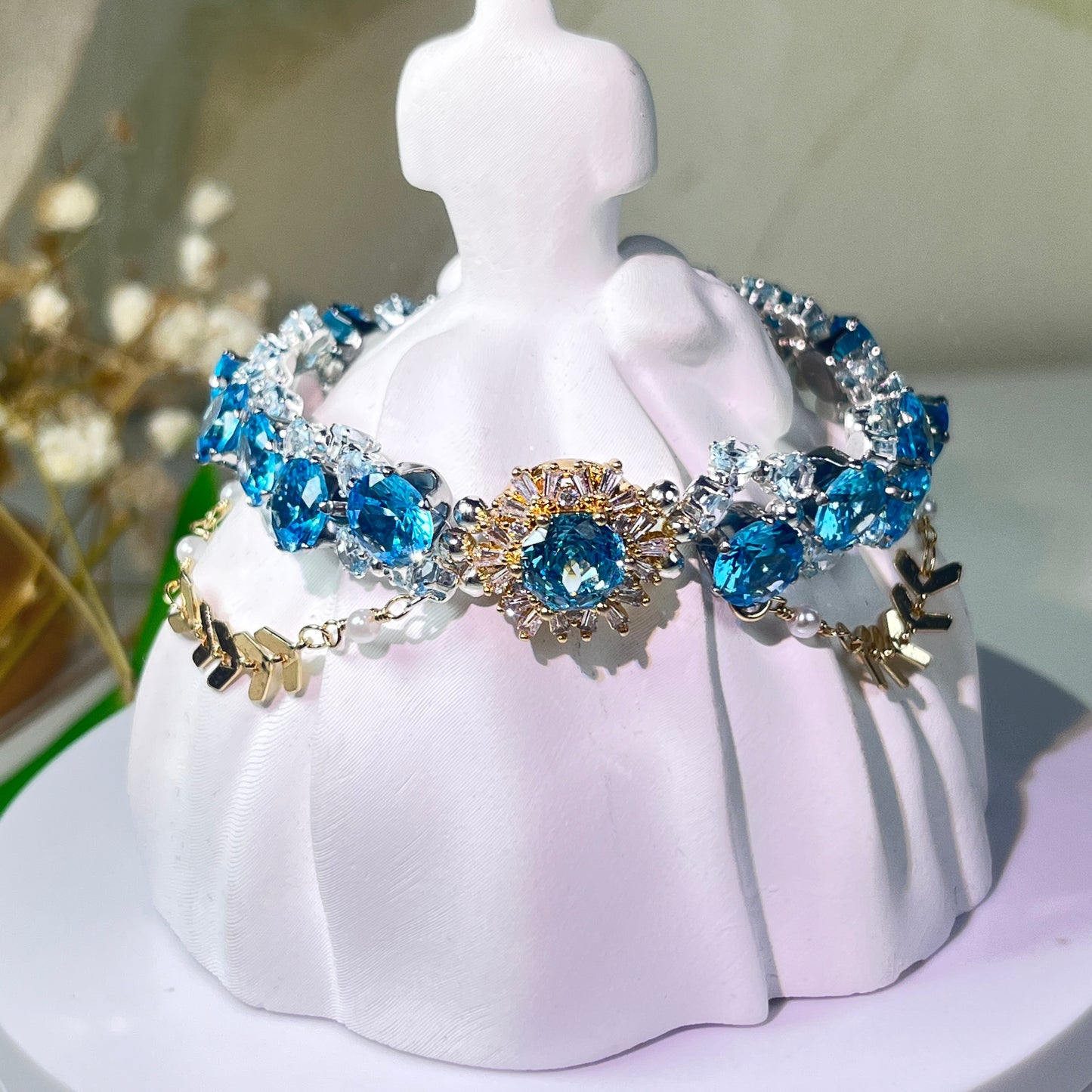 Pulsera de aguamarina y perla hecha a mano