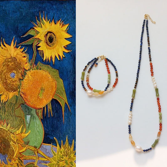 Buntes Set aus Halskette und Armband aus Natursteinperlen, handgefertigt, 18 Karat Gold