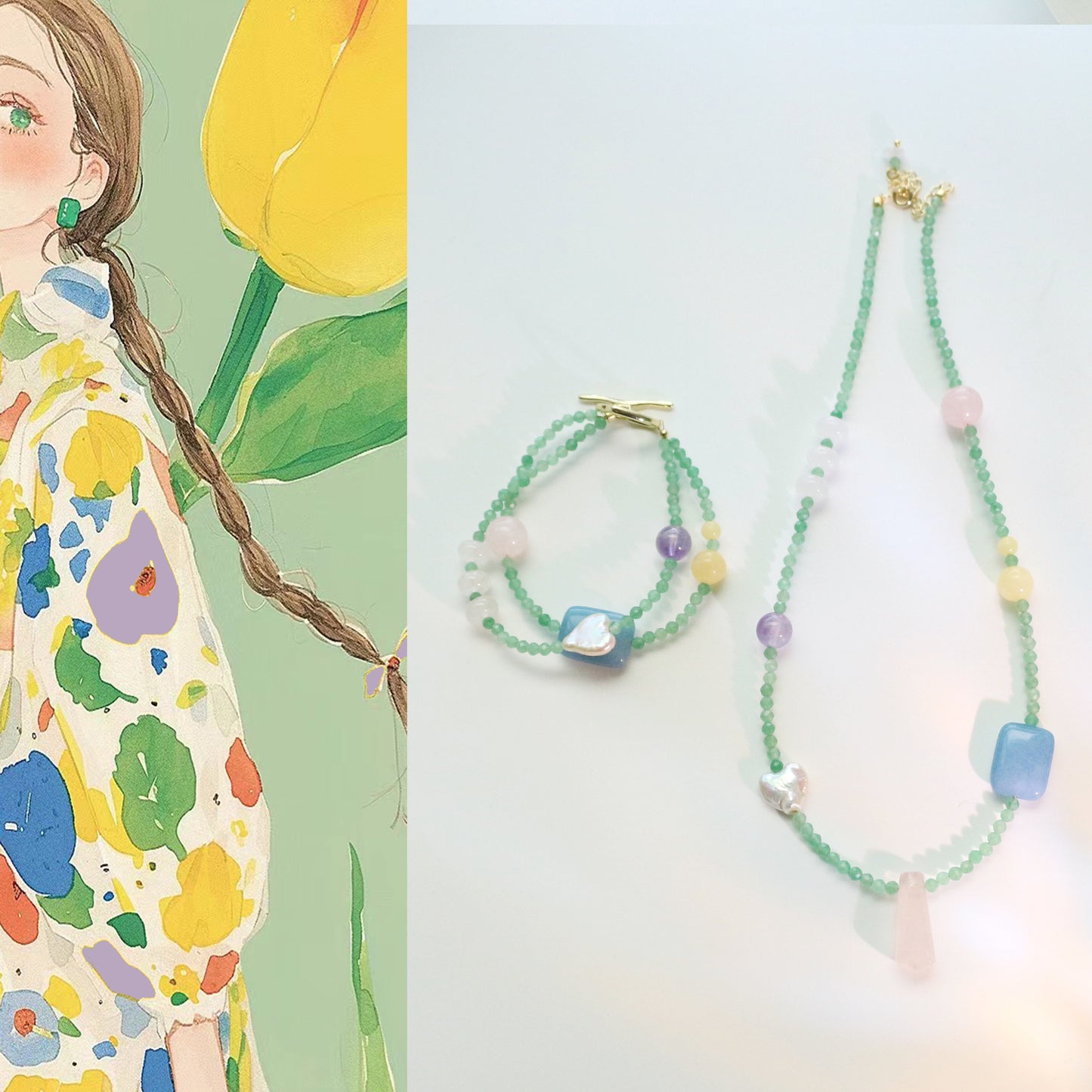 Conjunto de collar y pulsera de oro de 18 quilates con ágata blanca, cuarzo, jade amarillo, perlas naturales y piedras preciosas verdes