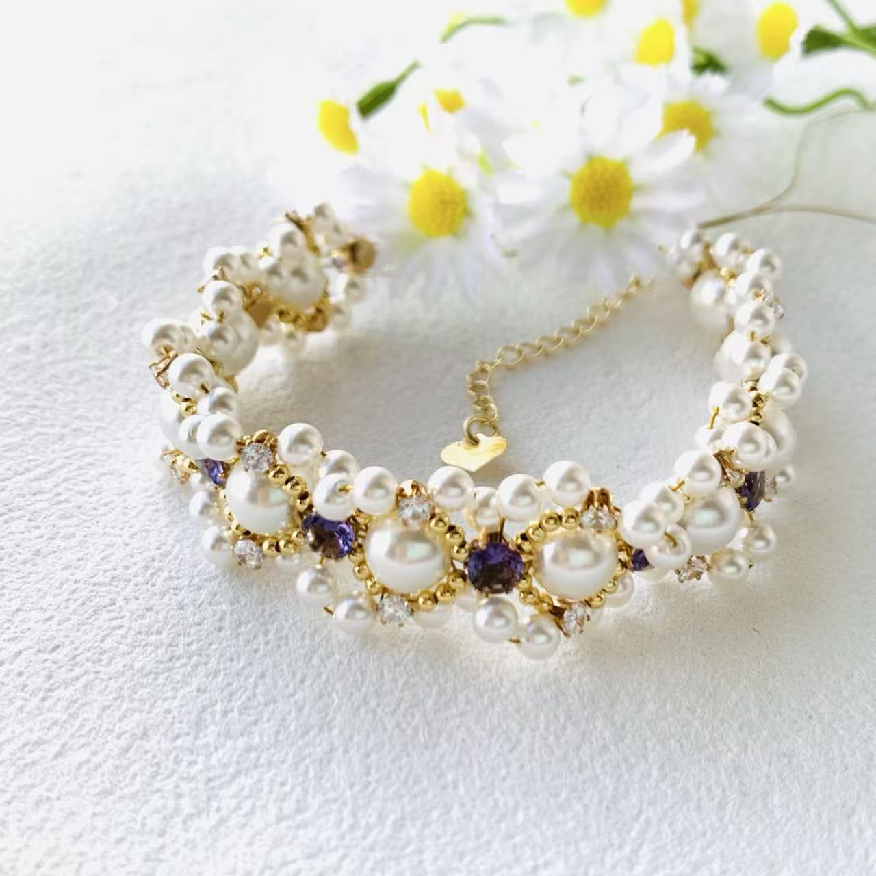 Pulsera de aguamarina y perla hecha a mano