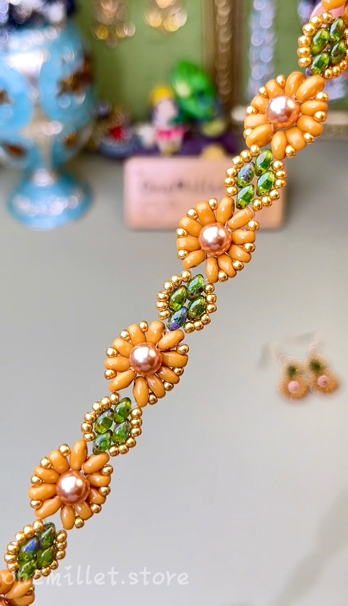 Pulsera de aguamarina y perla hecha a mano