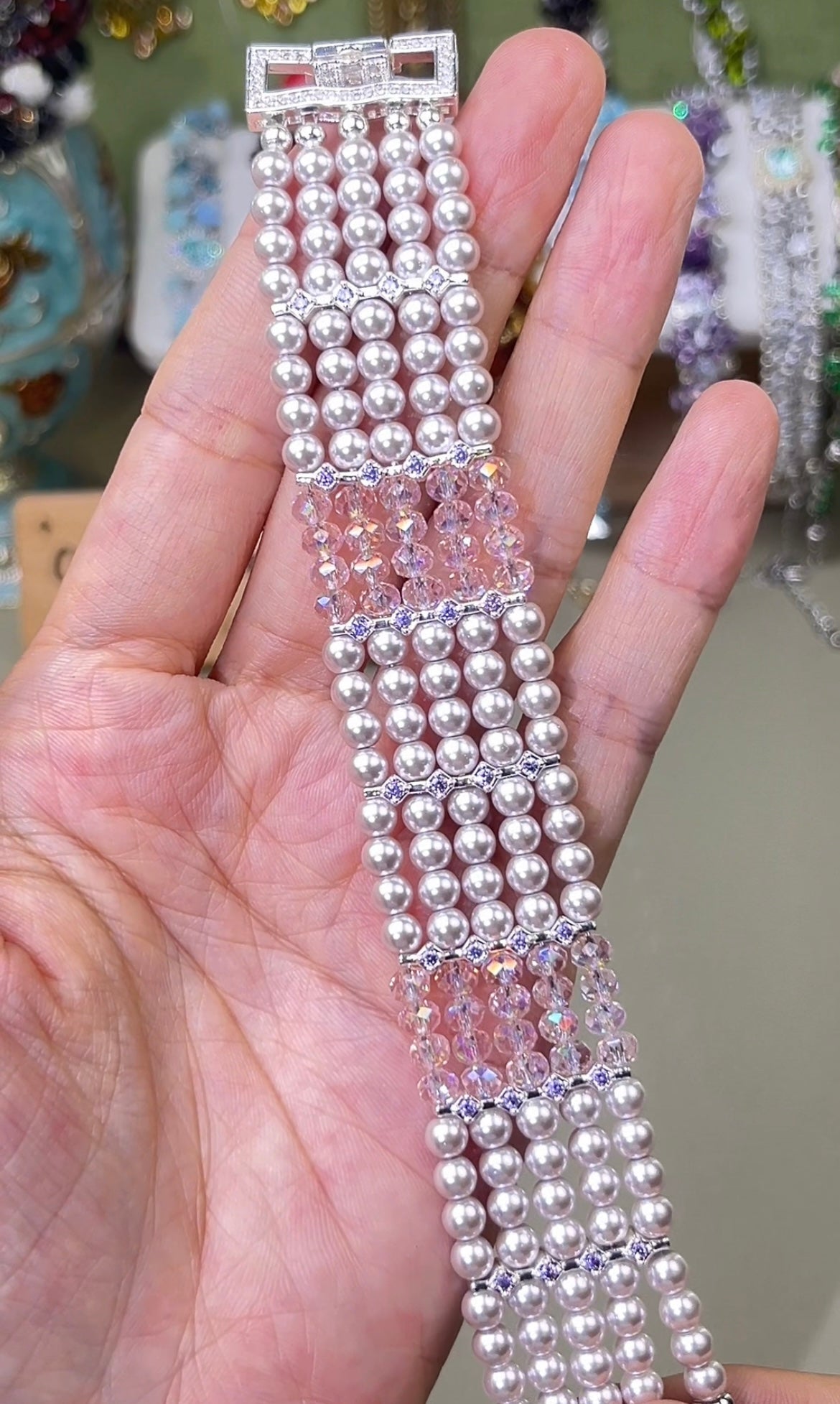 Pulsera de aguamarina y perla hecha a mano