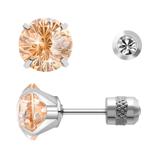 Firework-cut  Zirconia Stud Earrings G23 Titanium  AAAA + Cubic Zircon Suitable for Sensitive Ears Champagn