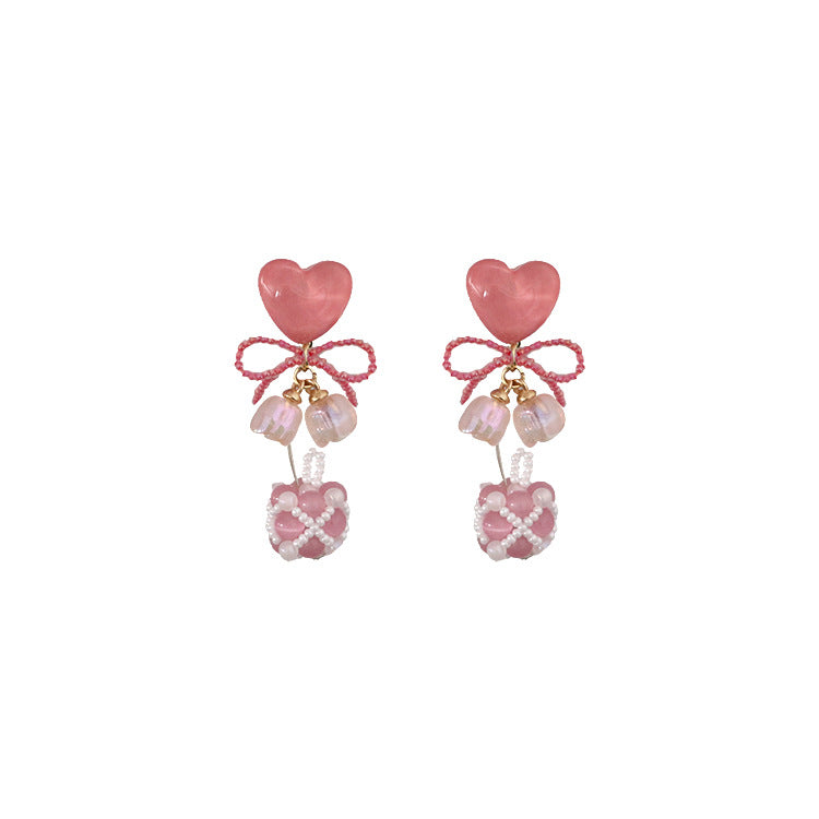 Adorables pendientes de cuentas con forma de ojo de gato y corazón rosa en plata de ley