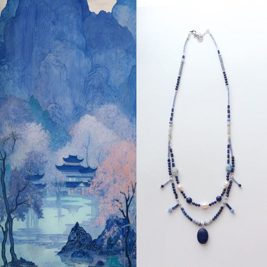 Handgefertigte doppellagige Perlenkette mit natürlichem Lapislazuli und Süßwasserperlen
