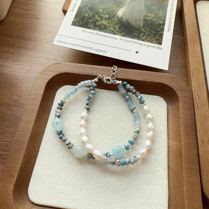 Naturstein Perle Handgemachte Perlen 18k Gold Halskette + Armband Schmuck Set Blau