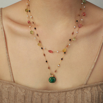 Collar de clavícula de piedra natural para mujer: collar de malaquita esmaltada de acero y titanio bañado en oro de 18 quilates