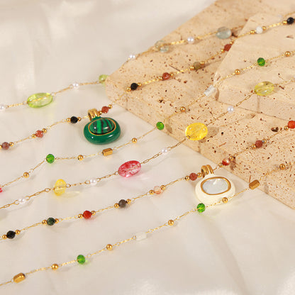 Collar de clavícula de piedra natural para mujer: collar de malaquita esmaltada de acero y titanio bañado en oro de 18 quilates