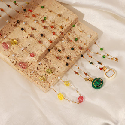 Collar de clavícula de piedra natural para mujer: collar de malaquita esmaltada de acero y titanio bañado en oro de 18 quilates