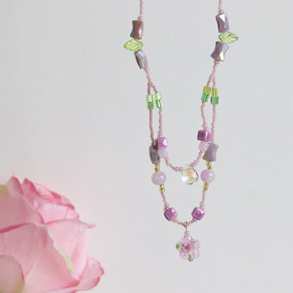 Collar hecho a mano con cuentas de cristal de piedra natural con flores moradas