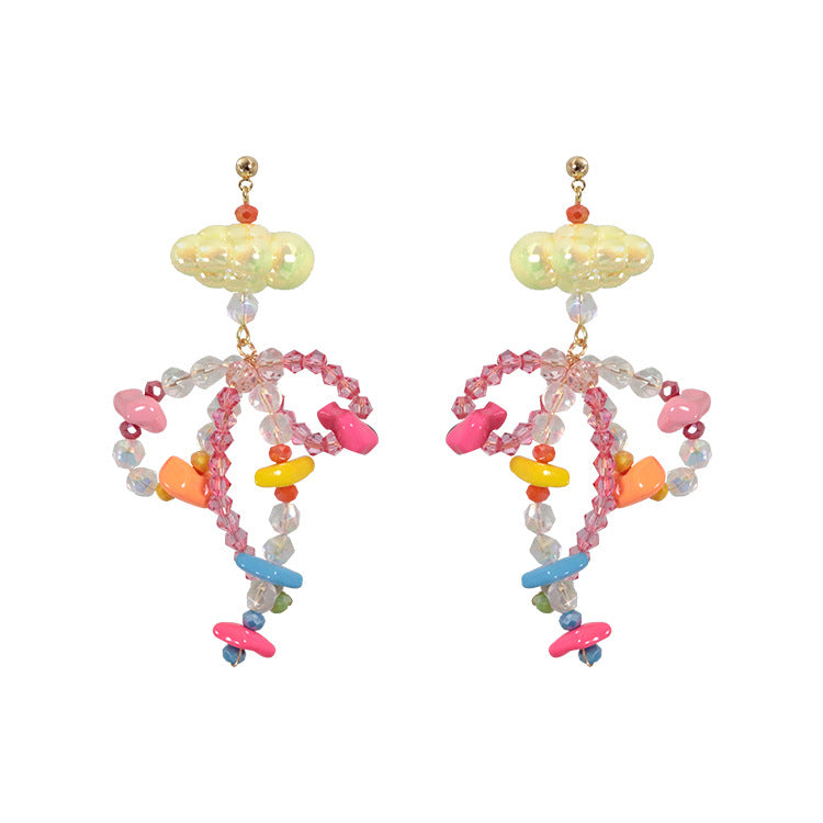 Pendientes de cuentas con forma de nube de caramelo de arcoíris, hechos a mano, con forma de aguja de plata 