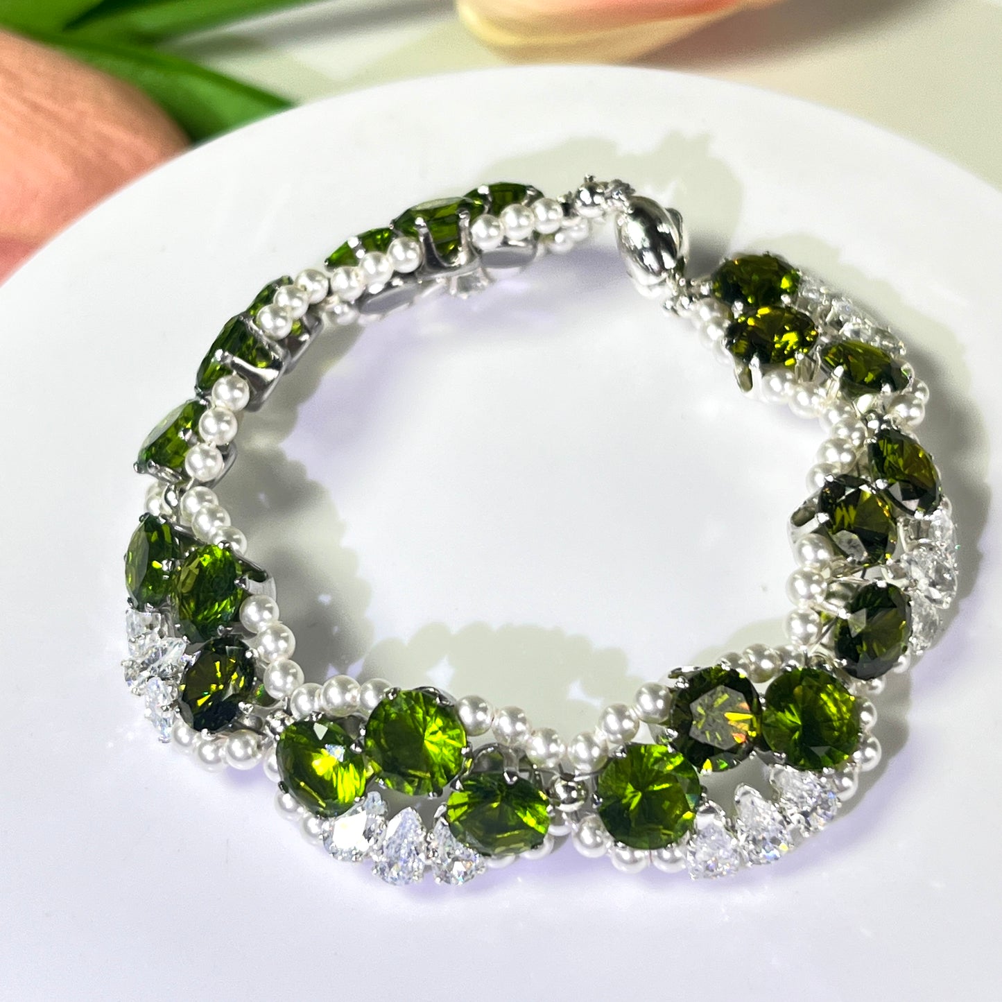 Pulsera de aguamarina y perla hecha a mano