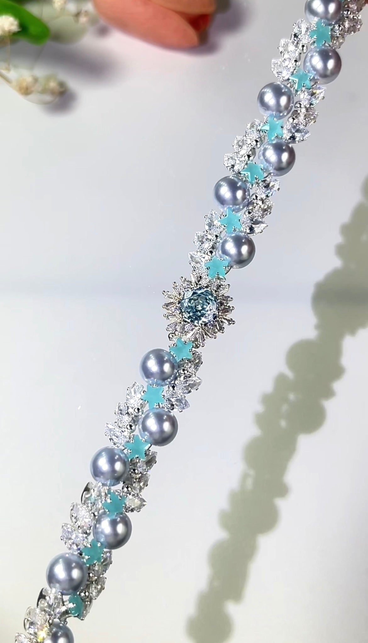 Pulsera de aguamarina y perla hecha a mano