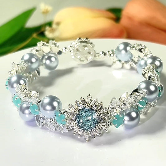 Pulsera de aguamarina y perla hecha a mano