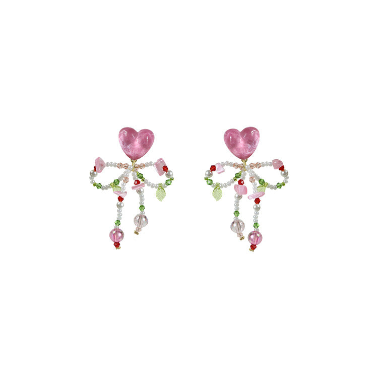 Pendientes de cuentas de corazón rosa con lazo de mariposa de colores en plata de ley