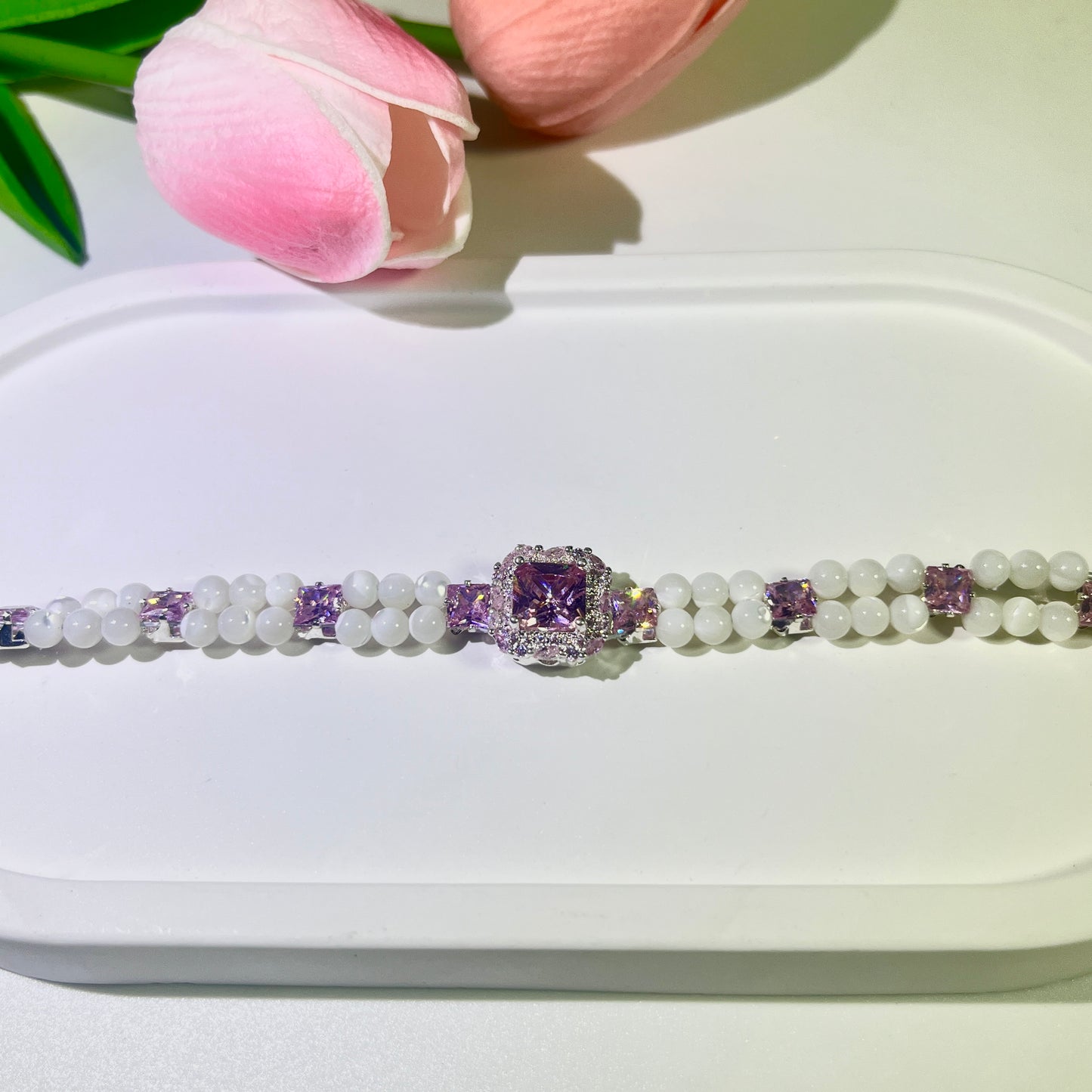 Pulsera de aguamarina y perla hecha a mano