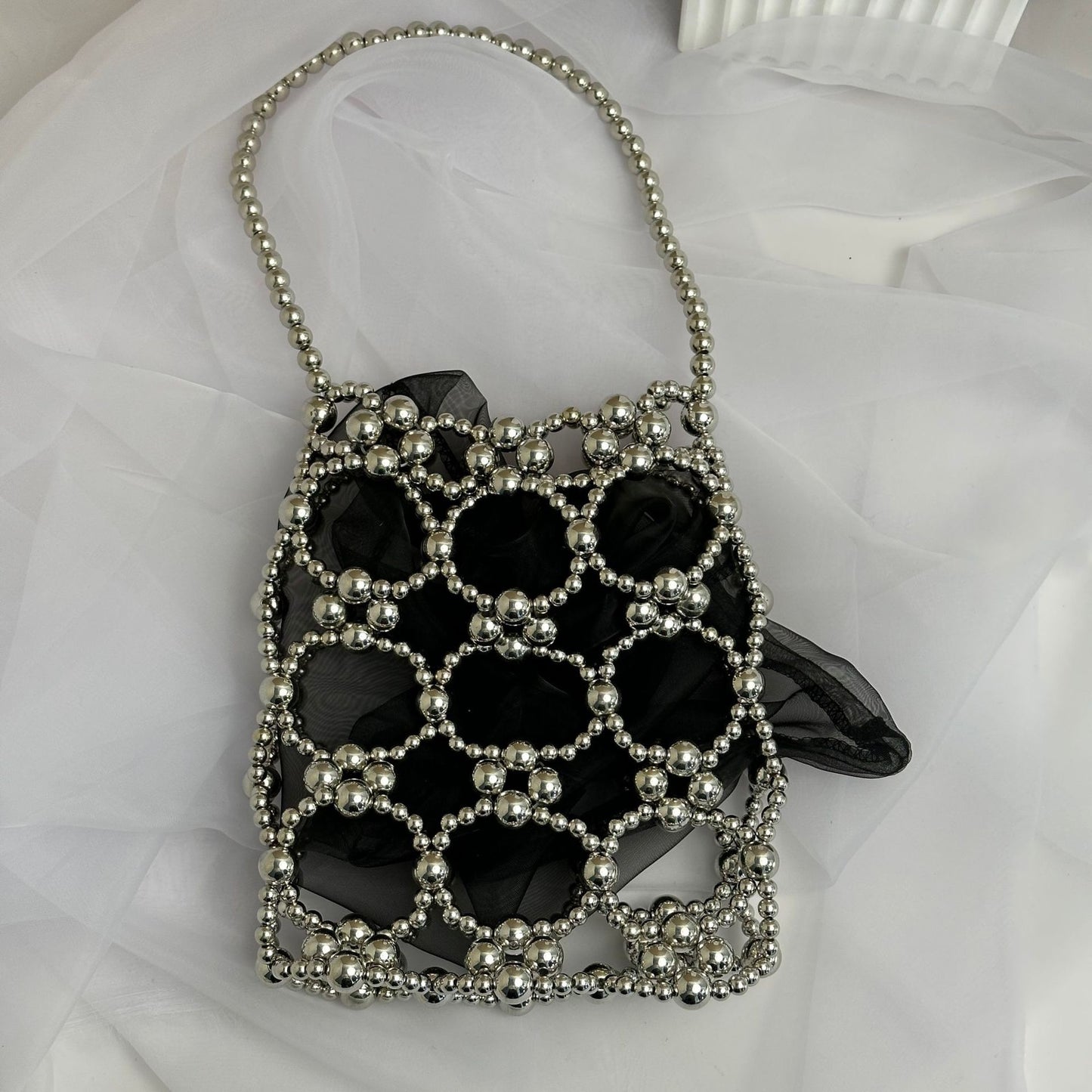 Bolso de mano con perlas hecho a mano, bolso de mano con perlas, color negro 