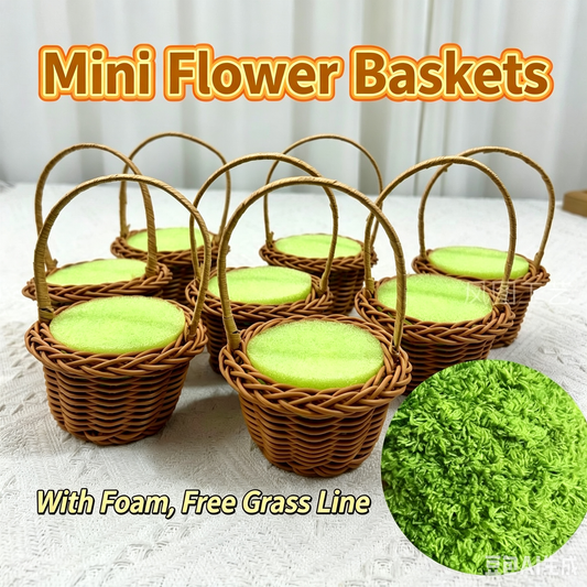 Mini Woven Baskets for Beaded Flowers, Tiny Flower Holders with Foam Insert & Free Grass Yarn